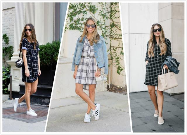 Plaid Shirt Dress and Sneakers